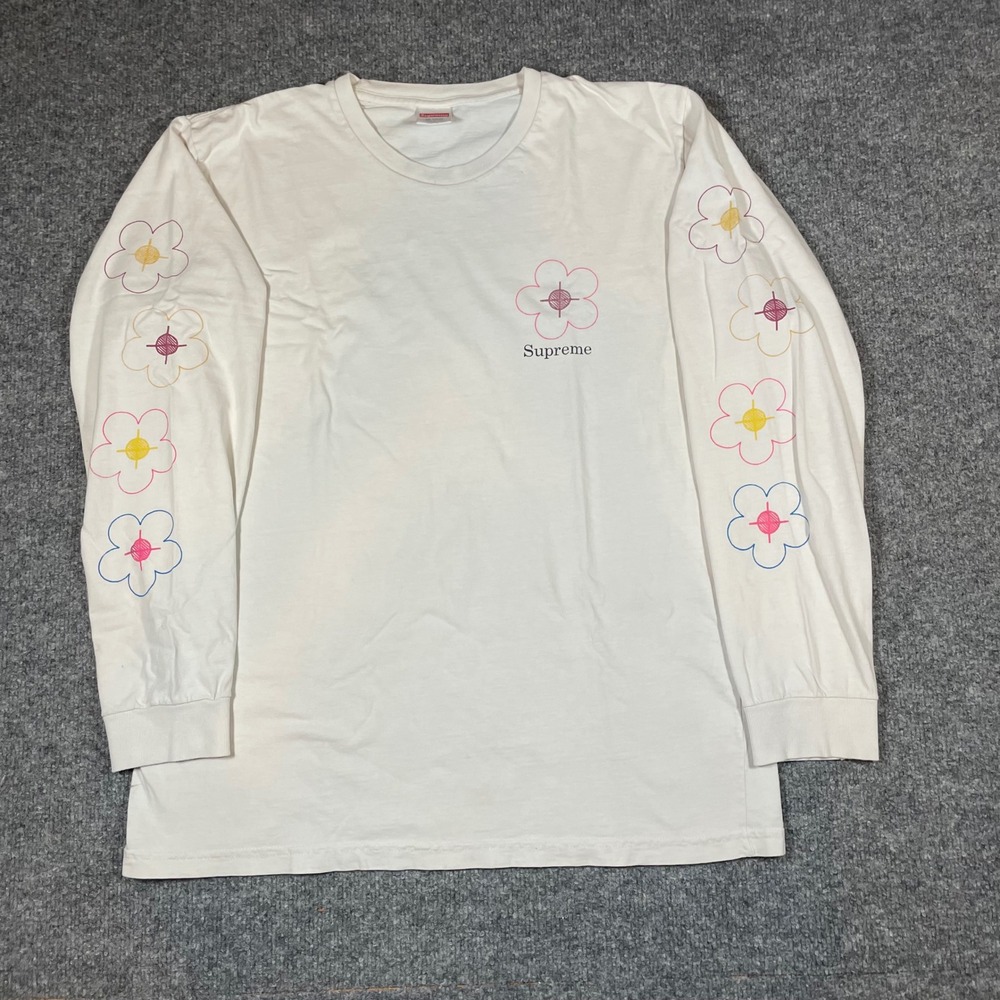 Supreme Long Sleeve T-Shirt Mens L White Flower Graphic You Been Hit Crewneck